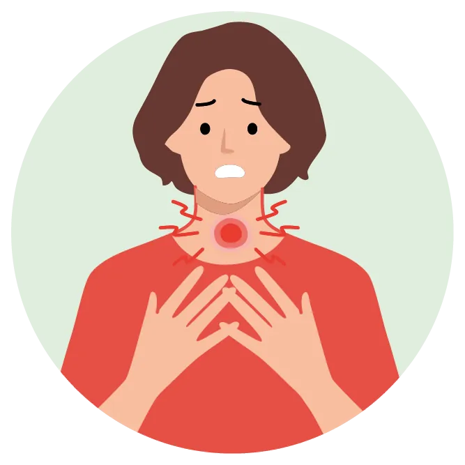 Illustration einer Frau mit Schmerzen bei der Schilddrüse (Morbus Hashimoto), als mögliche Autoimmun-Erkrankung im Zusammenhang mit einer nichtsegmentalen Vitiligo.