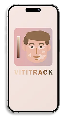 Smartphone Abbildung mit Vititrack App zur Aufnahme von Fotos von Vitiligo-Hautarealen zur Dokumentation des Therapieverlaufs
